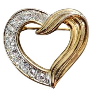 Vintage 80s Gold Plated Heart Brooch with Crystals